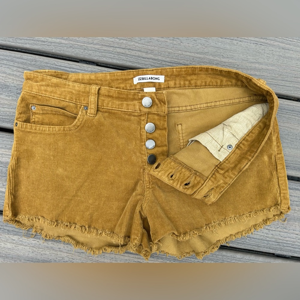 Billabong Tan Button Fly Shorts with Distressed Hem